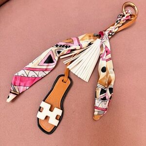Handmade White Bag charms Miniature sandals tassel twilly 3in1 accessories